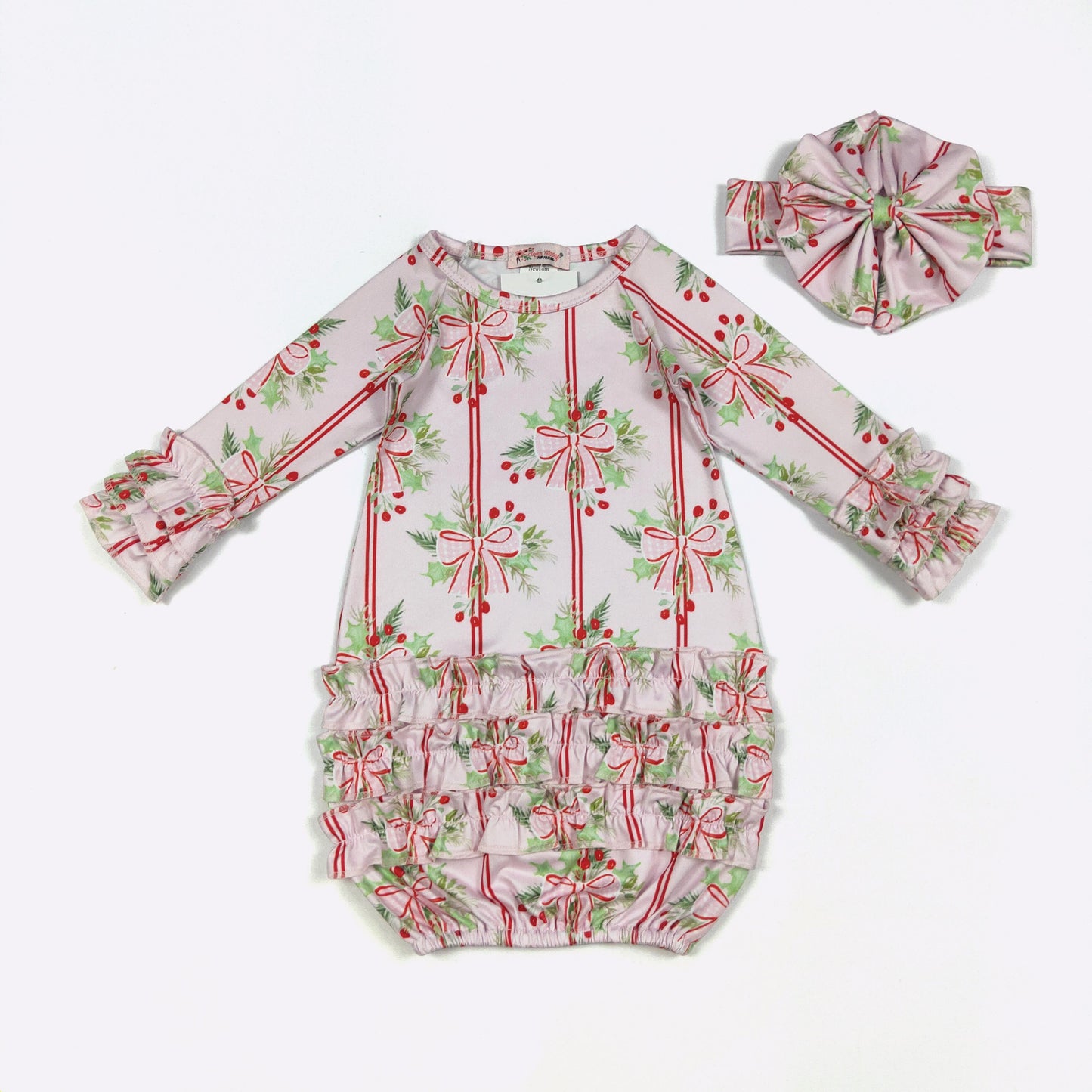 Baby Girls Clover Cottage Holly Stripes Baby Gown