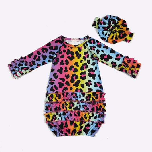 Baby Girls Clover Cottage Neon Leopard Baby Gown