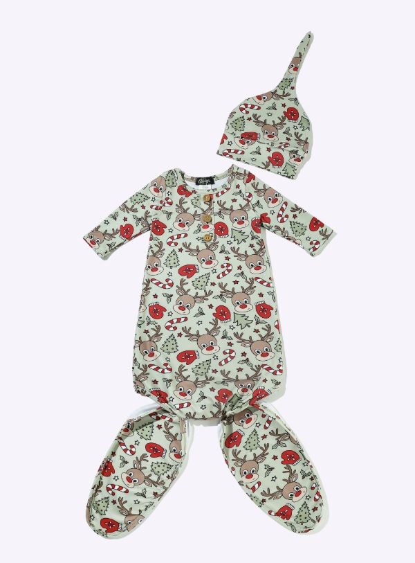 Babies Red Nose Reindeer Knotted Baby Gown by Clover Cottage