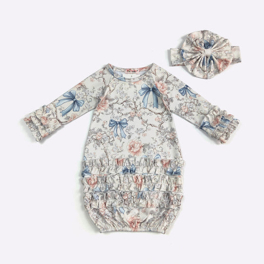 Baby Girls Clover Cottage Blue Vintage Coquette Gown