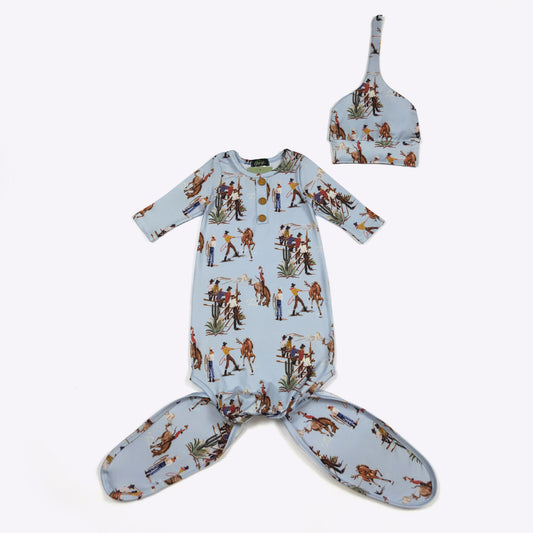 Babies Blue Dude Ranch Knotted Baby Gown by Clover Cottage