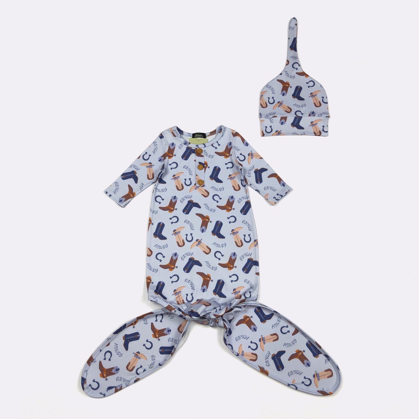 Babies Blue Howdy Knotted Baby Gown by Clover Cottage
