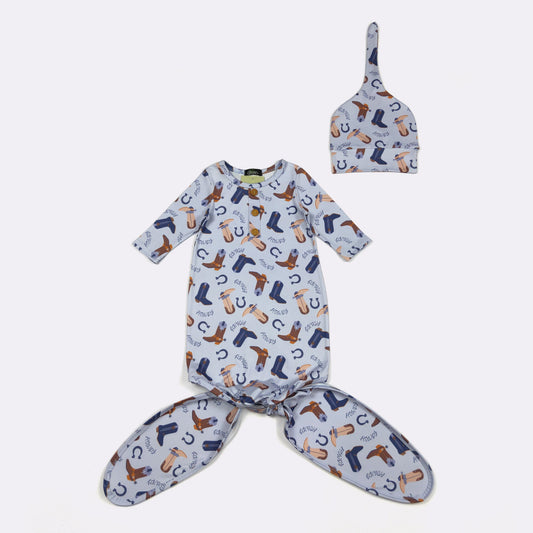 Babies Blue Howdy Knotted Baby Gown by Clover Cottage