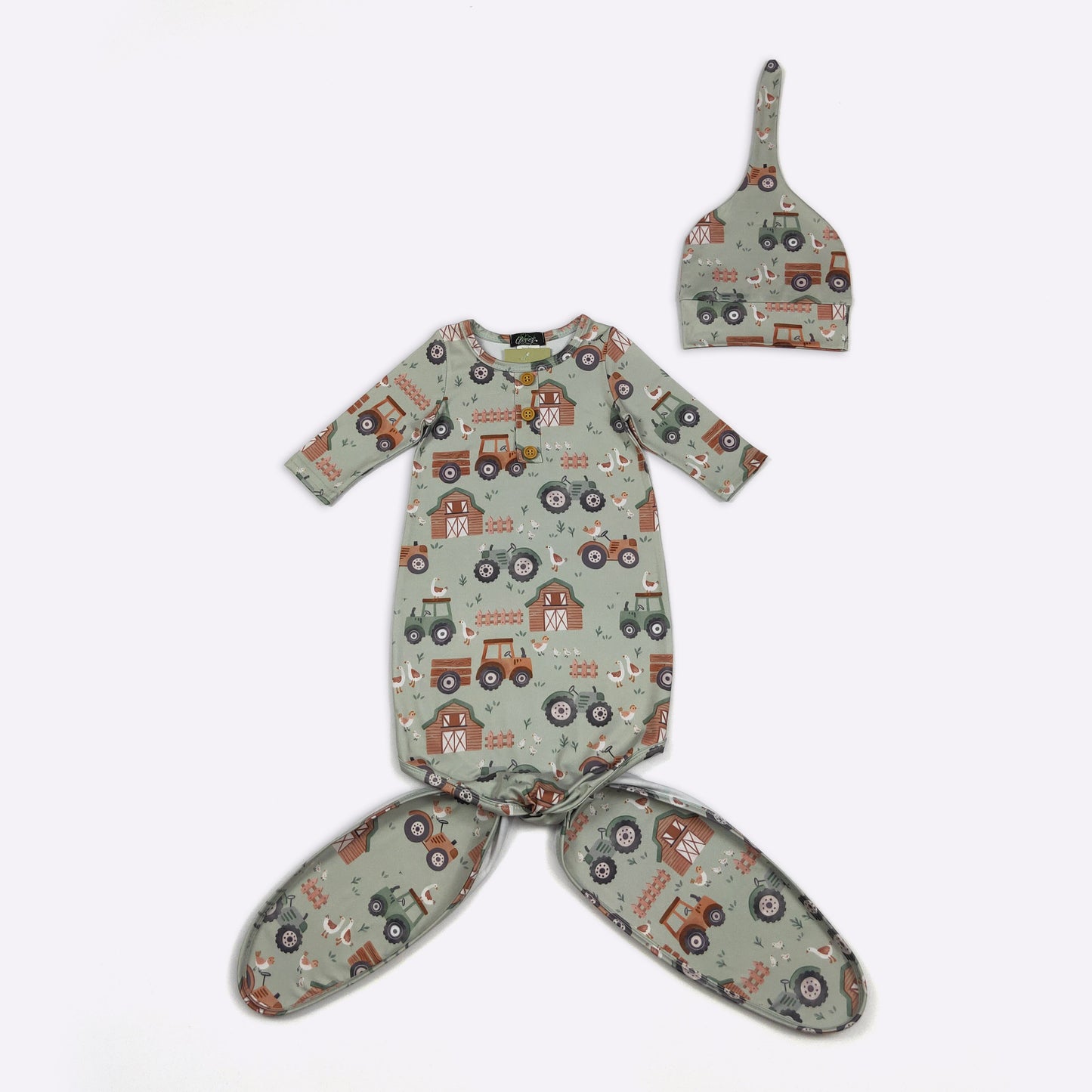 Babies Green Gander Farm Knotted Baby Gown by Clover Cottage