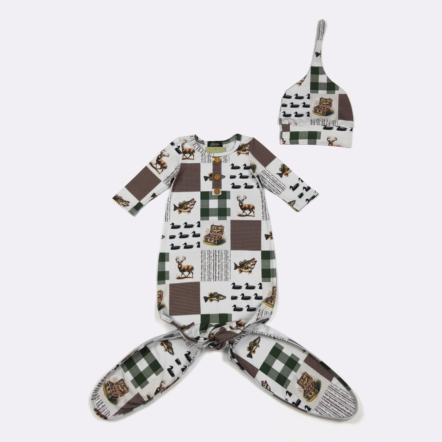 Babies Outdoorsman Knotted Baby Gown by Clover Cottage
