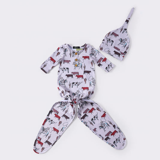 Babies Robin Cattle Knotted Baby Gown by Clover Cottage