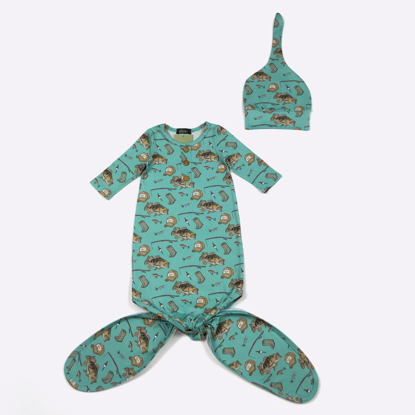Babies Teal Fishing Knotted Gown by Clover Cottage