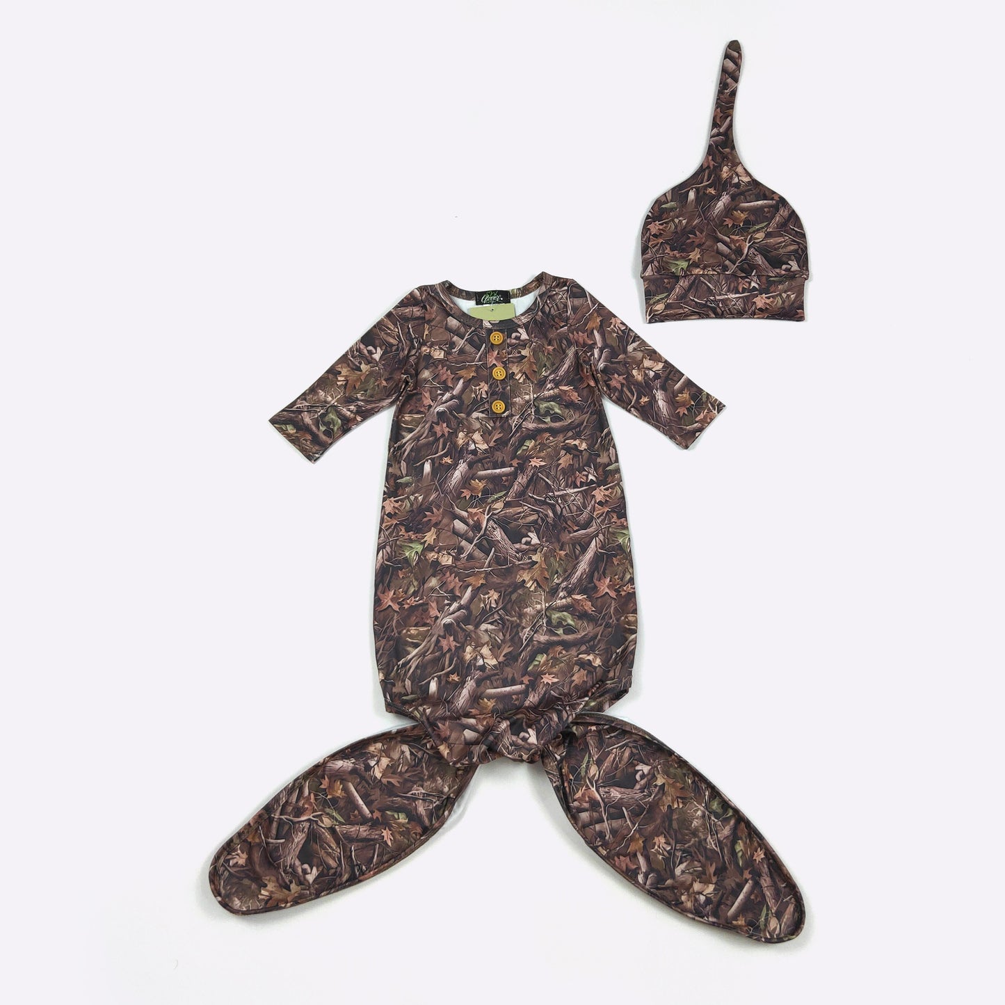Babies Woody Camo Knotted Baby Gown by Clover Cottage