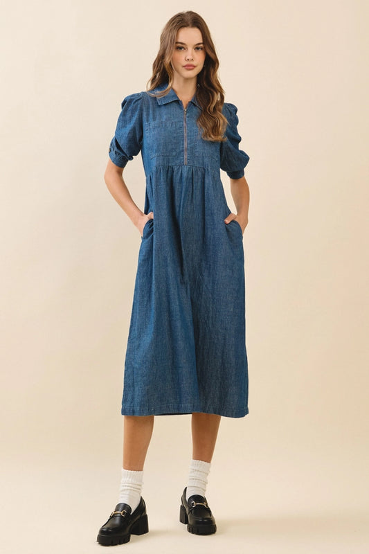 Ladies Front Zip Up Puff Sleeves A Line Denim Midi Dress