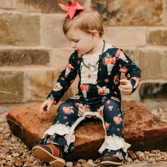 Girls Black Floral Skull Long Sleeve Romper by Shea Baby