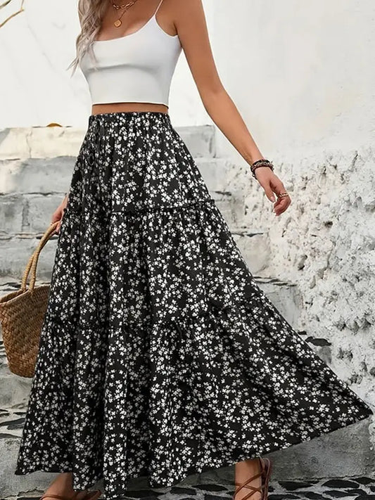 Ladies Floral Belt Three-Layer Patchwork Long Skirt-Black