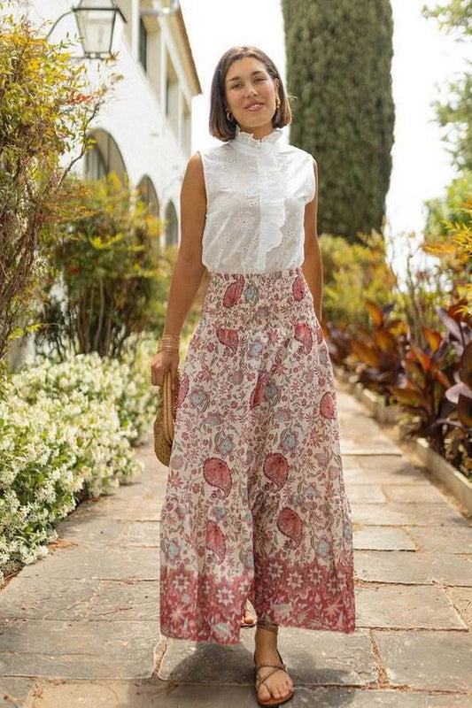 Ladies Boho Floral Flowy Vacation Maxi Skirt-Red