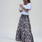 Ladies Floral Elastic Waist Flowy Maxi Skirt-Blue