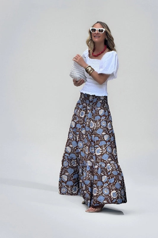 Ladies Floral Elastic Waist Flowy Maxi Skirt-Blue