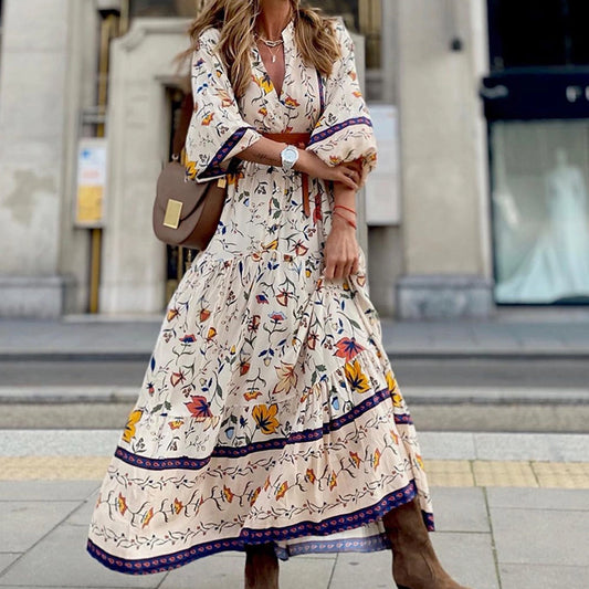 Ladies Ethnic Style Printed V-neck Long Sleeve Swing Dress-Beige