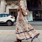 Ladies Ethnic Style Printed V-neck Long Sleeve Swing Dress-Beige