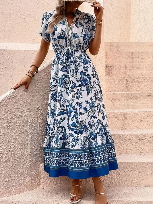 Ladies Ethnic Style V-Neck Short Sleeved Maxi Dress-Blue