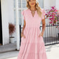 Ladies V-Neck Ruffle Sleeve Solid Color Casual Dress-Pink