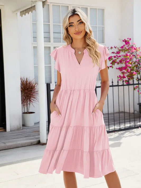 Ladies V-Neck Ruffle Sleeve Solid Color Casual Dress-Pink