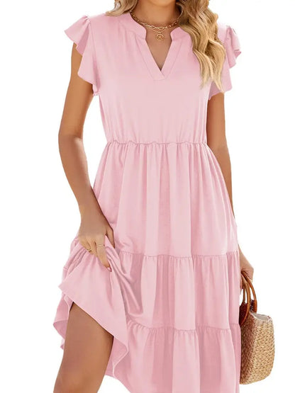 Ladies V-Neck Ruffle Sleeve Solid Color Casual Dress-Pink