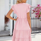 Ladies V-Neck Ruffle Sleeve Solid Color Casual Dress-Pink