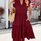 Ladies V-Neck Ruffle Sleeve Solid Color Casual Dress-Wine