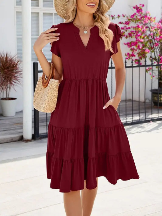 Ladies V-Neck Ruffle Sleeve Solid Color Casual Dress-Wine