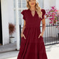 Ladies V-Neck Ruffle Sleeve Solid Color Casual Dress-Wine