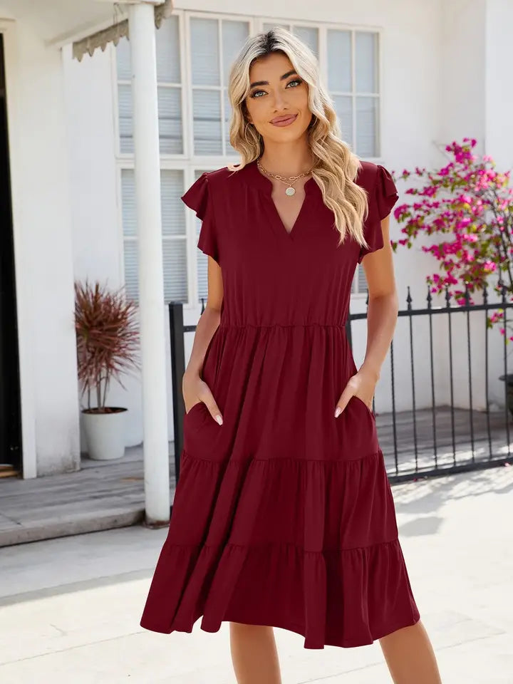 Ladies V-Neck Ruffle Sleeve Solid Color Casual Dress-Wine