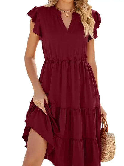 Ladies V-Neck Ruffle Sleeve Solid Color Casual Dress-Wine
