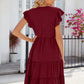 Ladies V-Neck Ruffle Sleeve Solid Color Casual Dress-Wine