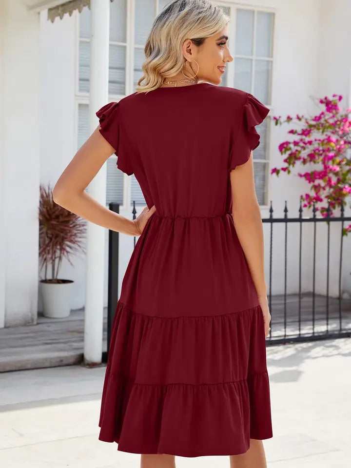 Ladies V-Neck Ruffle Sleeve Solid Color Casual Dress-Wine