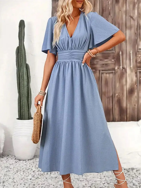 Ladies Lotus Leaf Sleeve Slit Elastic Waist Dress-Light Blue