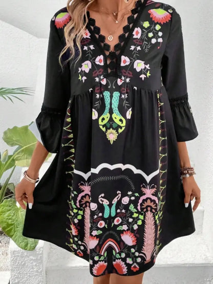 Ladies Casual V-Neck Lace Patchwork Print Dress-Black