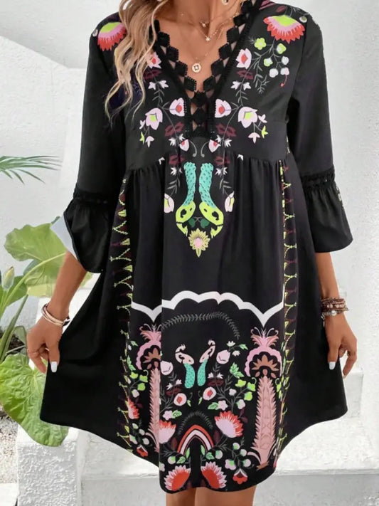 Ladies Casual V-Neck Lace Patchwork Print Dress-Black