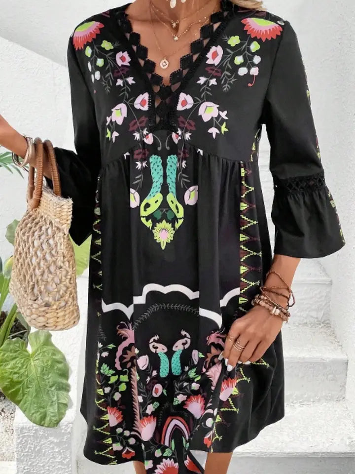 Ladies Casual V-Neck Lace Patchwork Print Dress-Black