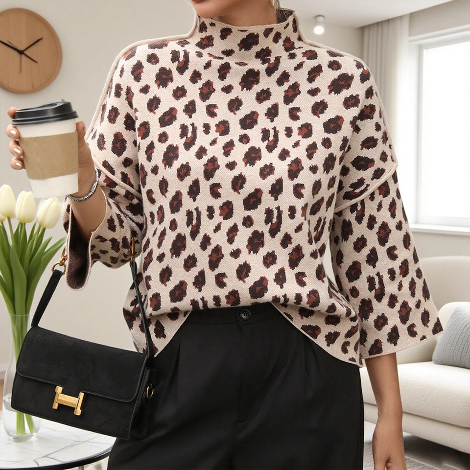 Ladies Loose Leopard Semi-High-Neck Knitted Sweater-Apricot