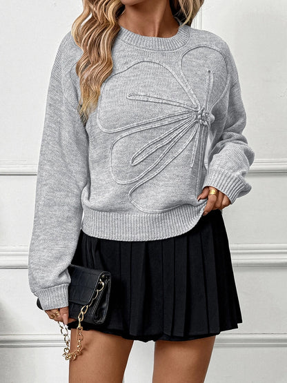 Ladies Three-Dimensional Floral Round-Neck Sweater-Grey