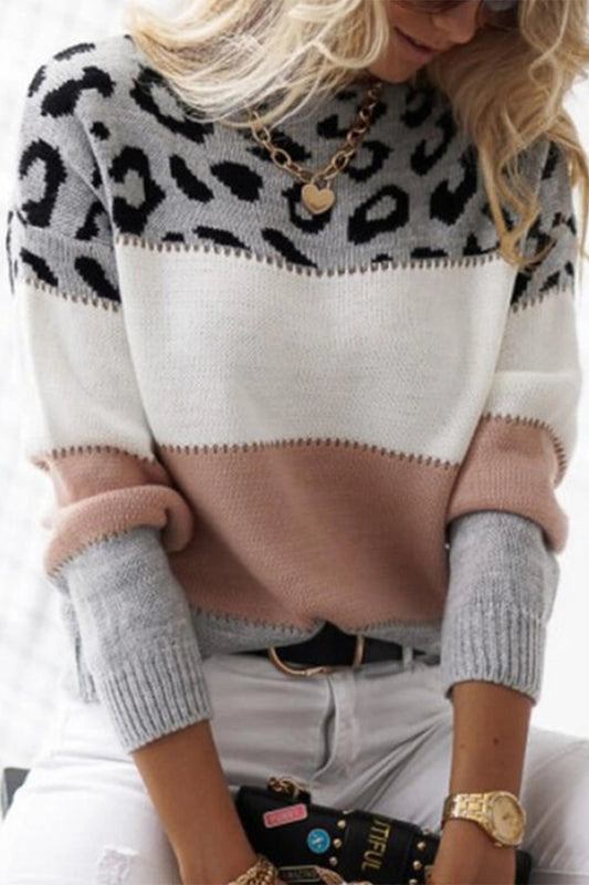 Ladies Color-Matching Leopard Print Crew Neck Sweater-Pink