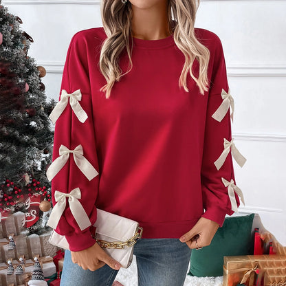 Ladies Bow Embellished Sweatshirt-Red