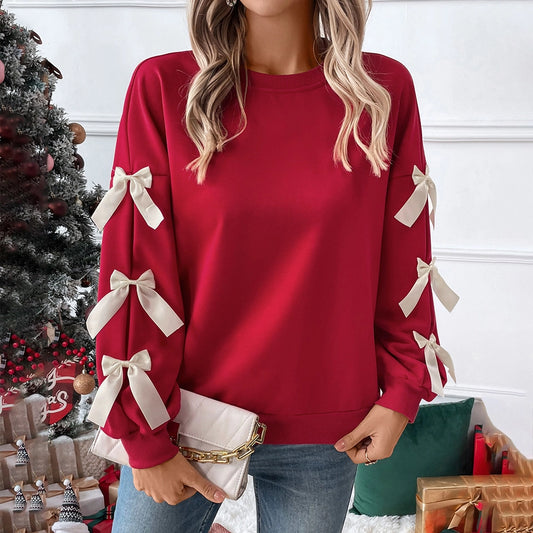 Ladies Bow Embellished Sweatshirt-Red