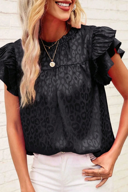 Ladies Leopard Print Lotus Sleeves Top With Wavy Collar - Black
