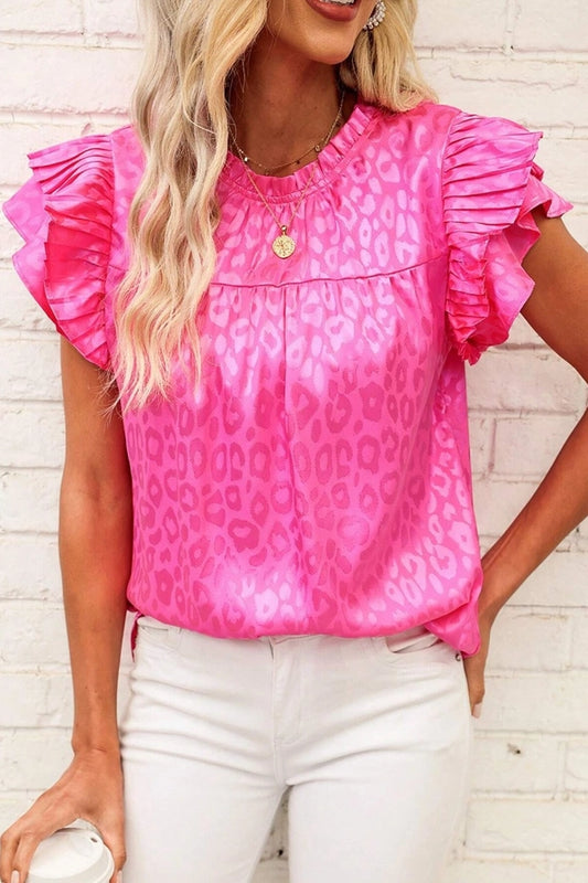 Ladies Leopard Print Lotus Sleeves Top With Wavy Collar - Pink