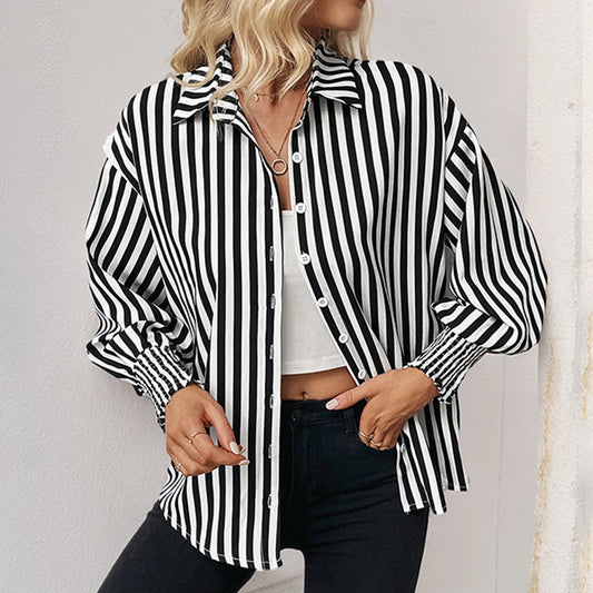 Ladies Fitted Cuff Button Up Stripe Shirt-Black