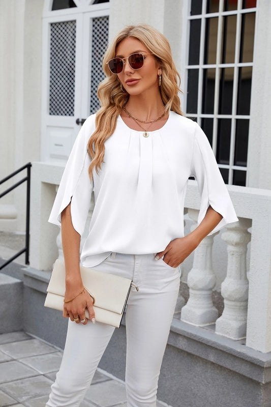 Ladies Round Neck Short Sleeved Top-White