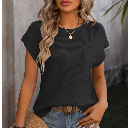 Ladies Loose Solid Color Crew-Neck Sweater-Black