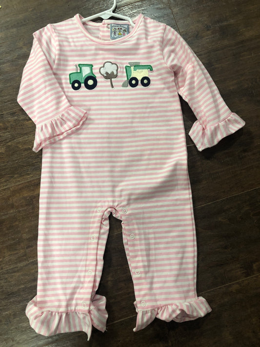 Girls Tractor & Cotton Boll on Pink Stripe Romper by Three Sisters
