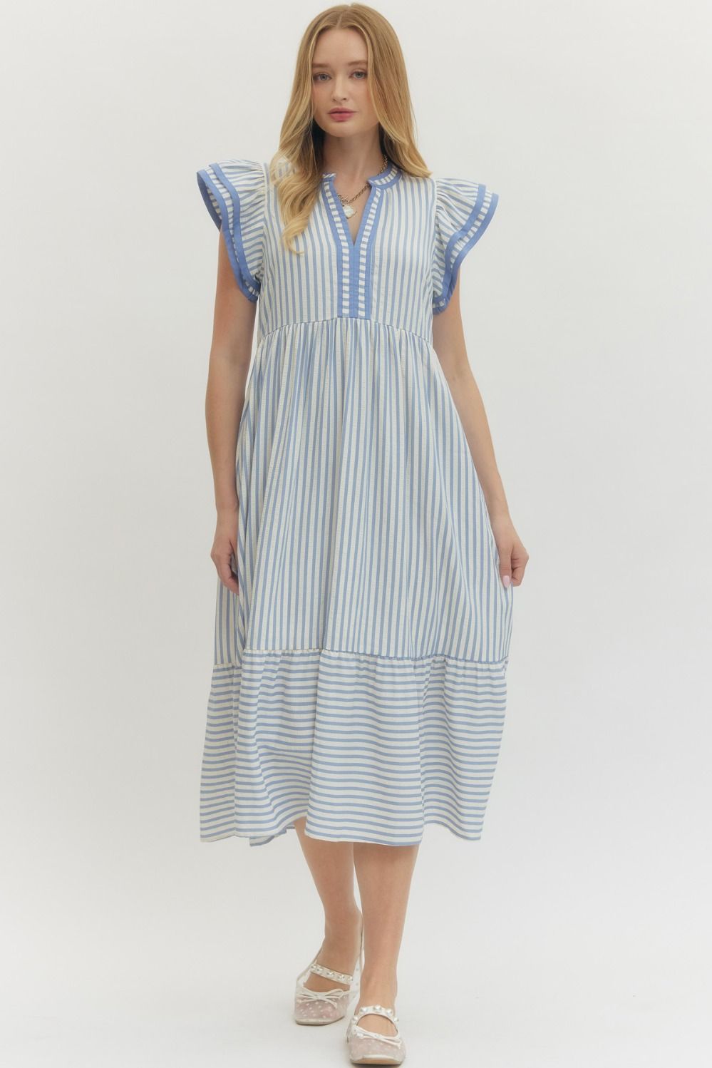 Ladies Textured Stripe Pattern Tiered Ruffle Flutter Sleeve Dress by Entro-Light Blue