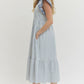 Ladies Textured Stripe Pattern Tiered Ruffle Flutter Sleeve Dress by Entro-Light Blue
