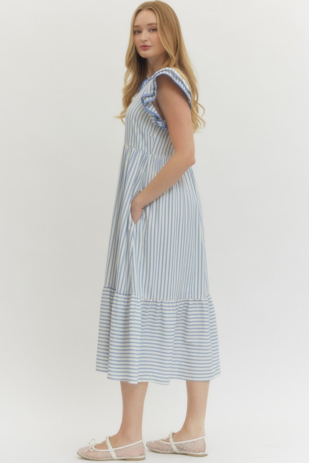 Ladies Textured Stripe Pattern Tiered Ruffle Flutter Sleeve Dress by Entro-Light Blue
